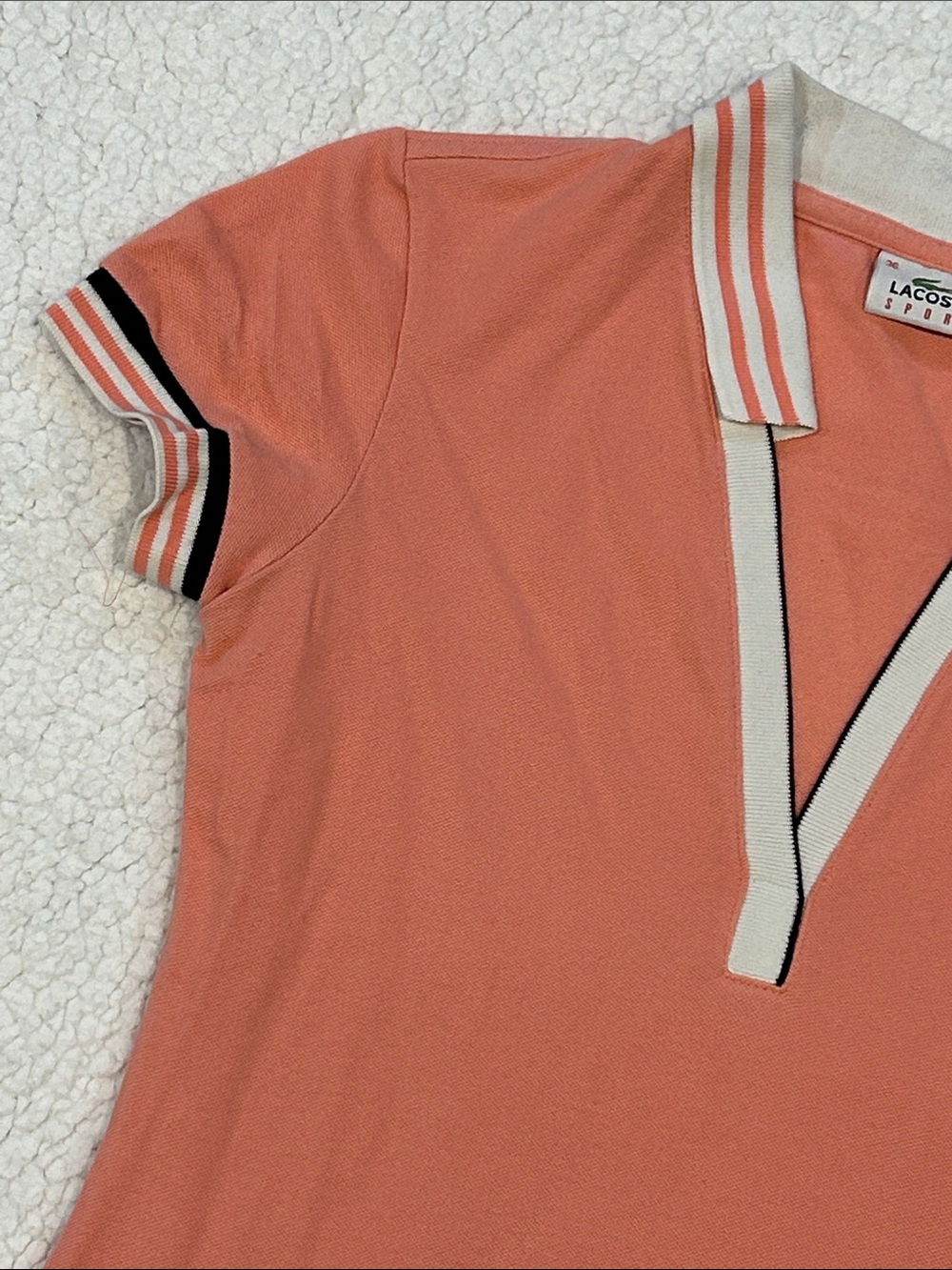 Lacoste Coral Pink Deep V-Neck fitted Polo Shirt Small Striped Collar & Sleeves - Picture 3 of 16